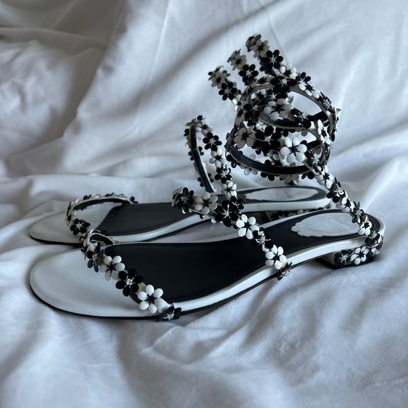 Rene Caovilla White Black Floral Strappy Flat Sandal Size EU38.5 US8.5 - Picture 6 of 16